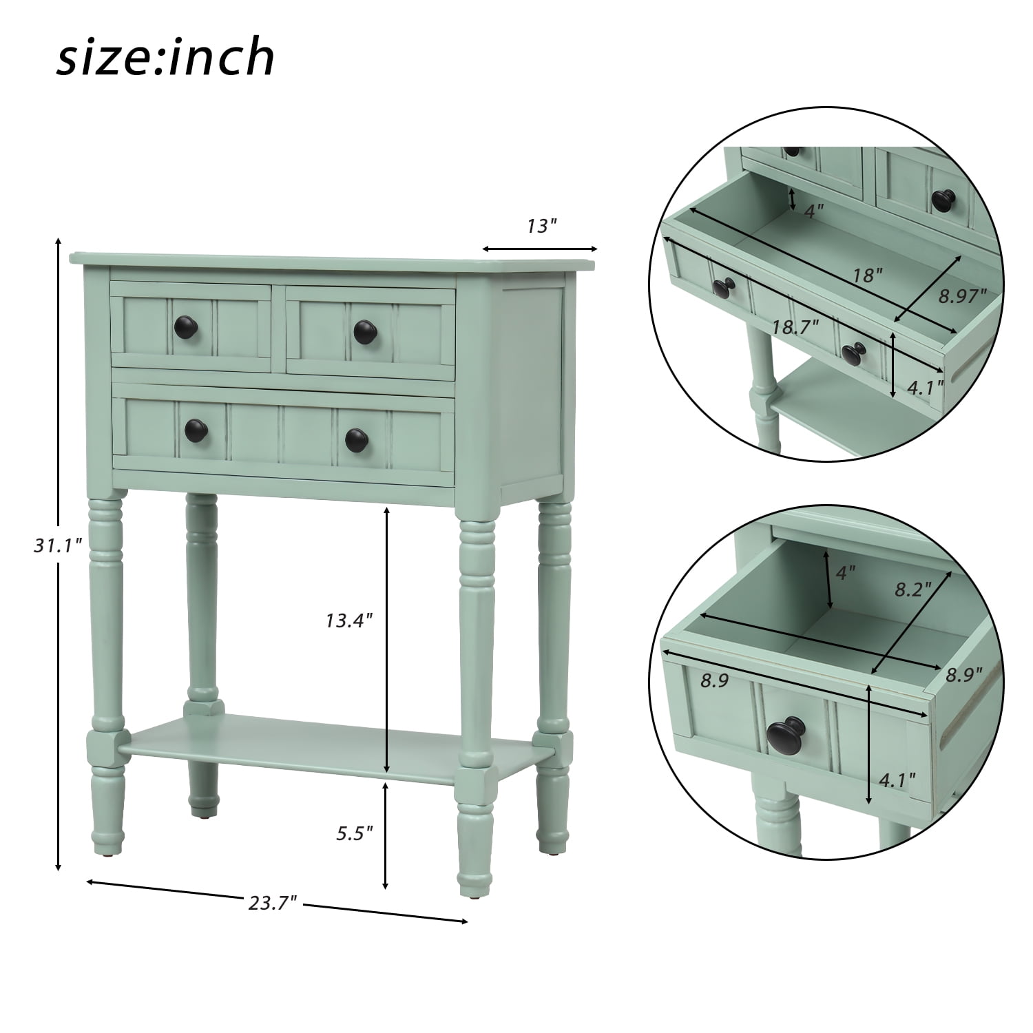 Narrow Console Table,Rustic Entryway Table Slim Sofa Table with Three Storage Drawers and Bottom Shelf,Wood Side Table for Living Room,Easy Assembly(Retro Blue)