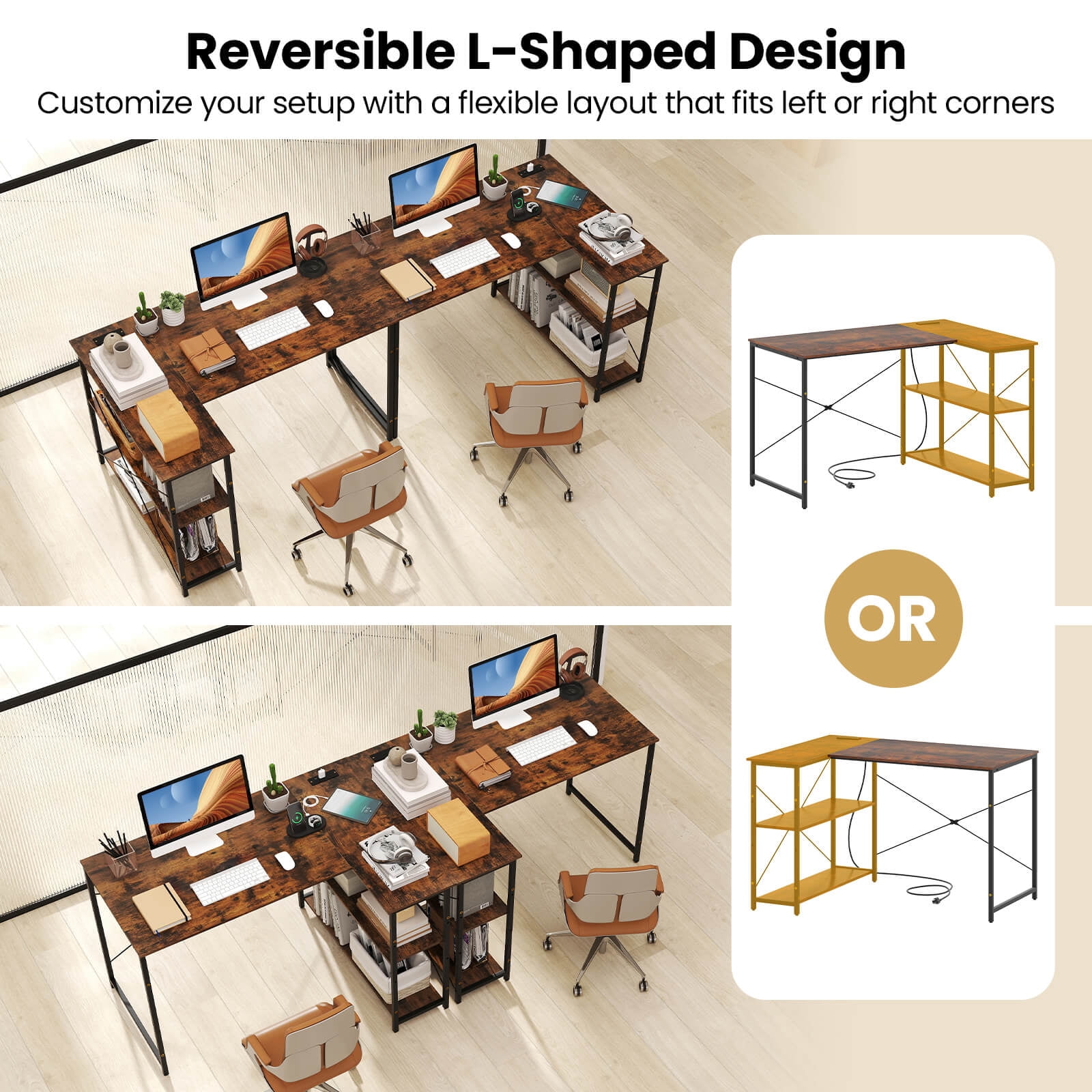 Costway L-Shaped Computer Desk with Power Outlets Adjustable shelf Heavy-Duty Metal Frame Brown
