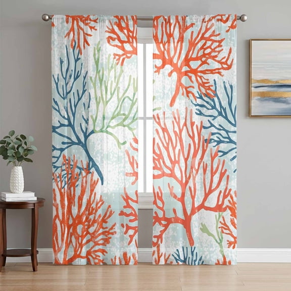 Ocean Coral Sheer Curtains 72 Inch Length 2 Panels Set, Abstract Boho Gradient Coastal Polka Dots Voile Window Treatment Rod Pocket Curtains Sheers Drapes for Bedroom/Living Room/Kitchen 52"x72"x2