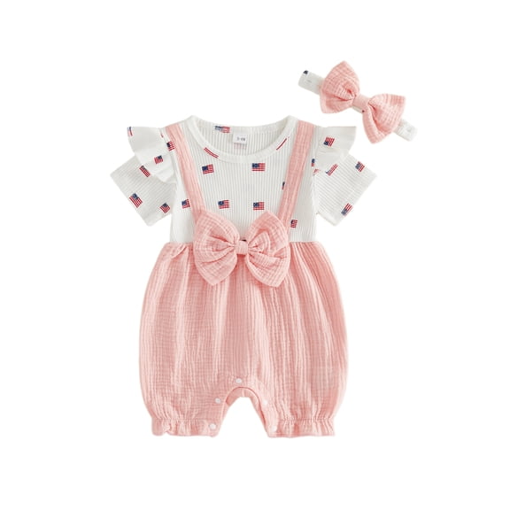 BemeyourBBs Newborn Baby Girl 4th of July Clothes Baby Girls Independent Day Summer Clothes 0 3 6 9 12 18 Months Patriot USA Flag Print Romper Fake Two-Piece Short Sleeve Bodysuit Jumpsuit Headband