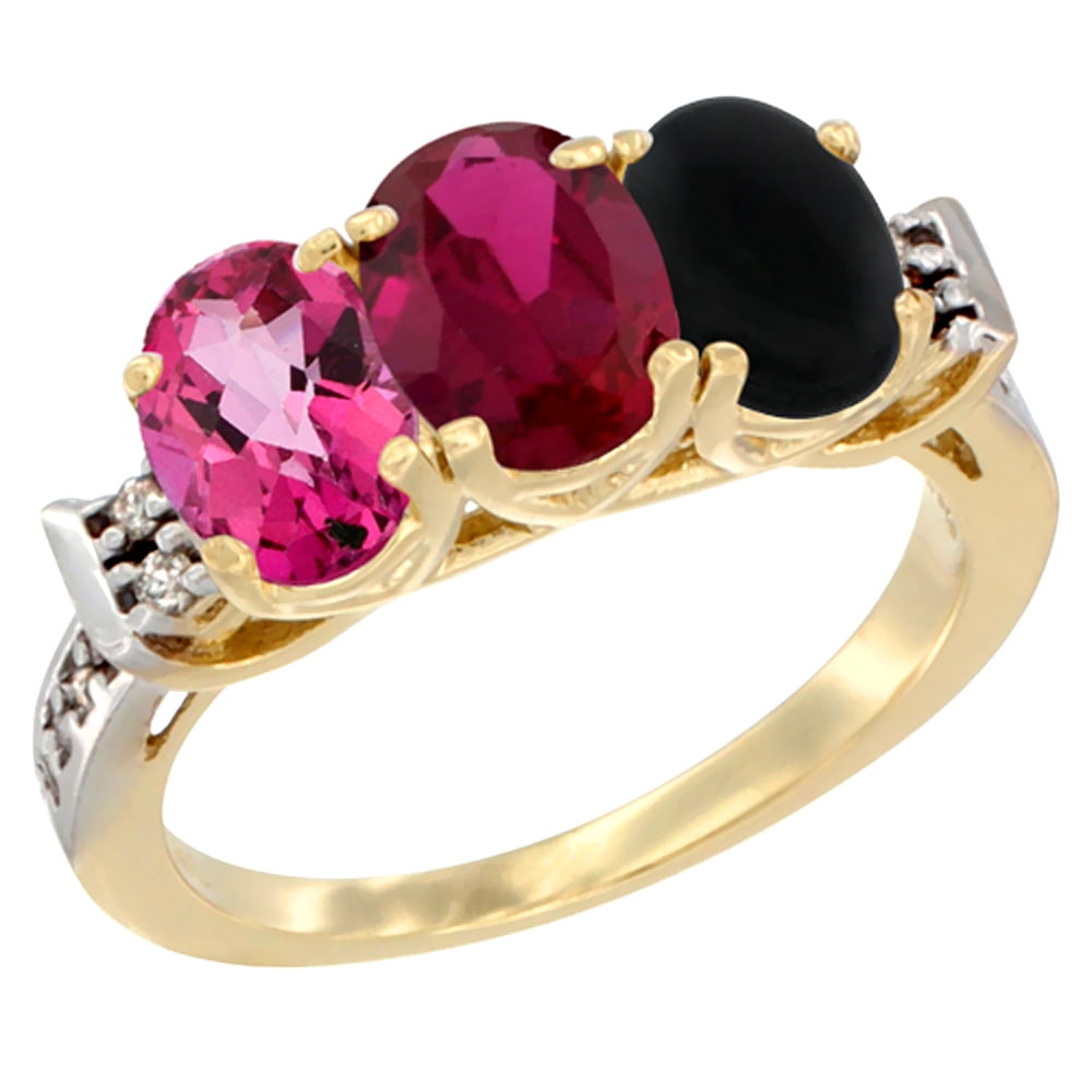14K Yellow Gold Natural Pink Topaz, Enhanced Ruby & Natural Black Onyx Ring 3-Stone Oval 7x5 mm Diamond Accent, sizes 5... by WorldJewels
