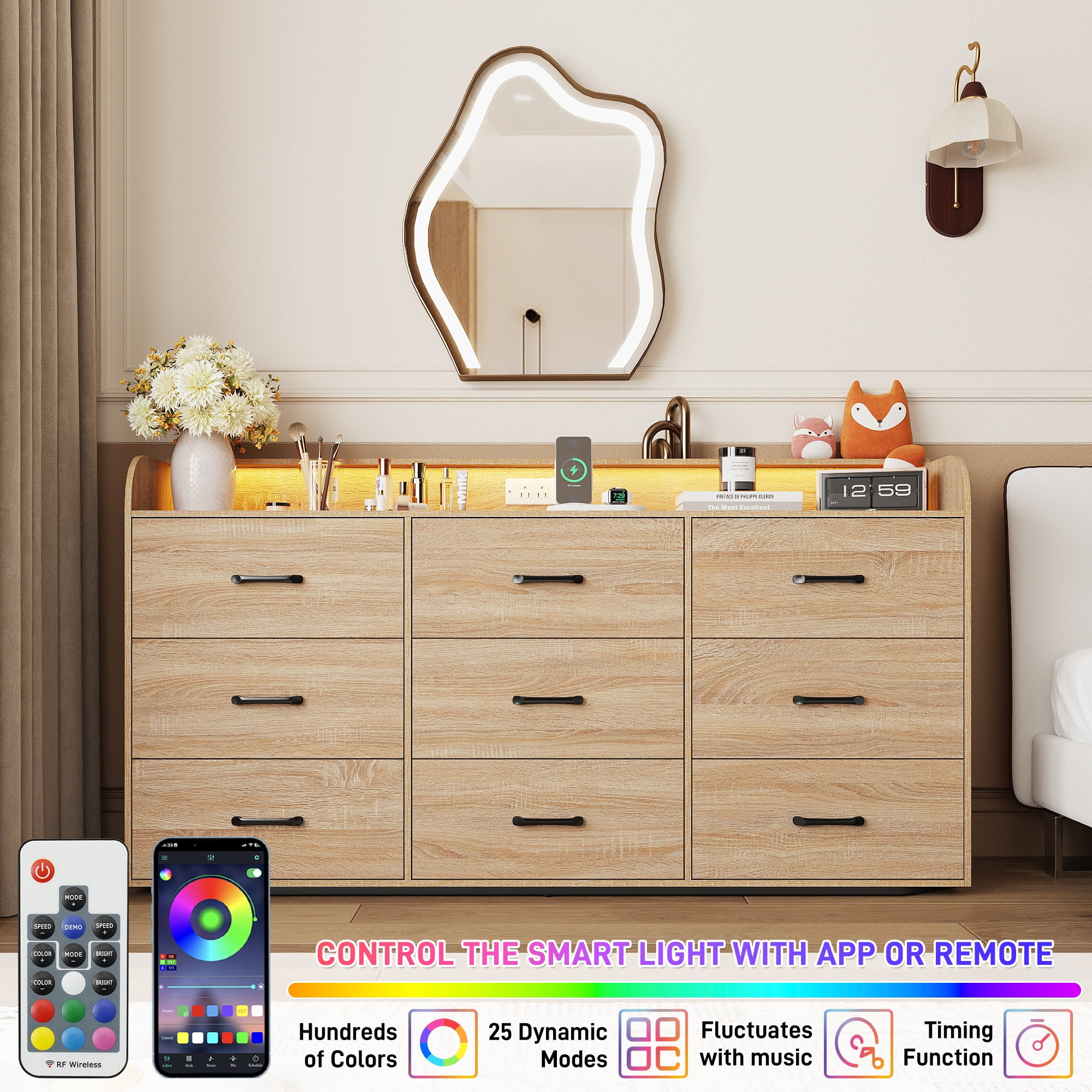 9 Drawer Dresser for Bedroom, 63" Large Long Wood dresser with Power Outlet, LED Light and Deep Big Drawers, Modern Minimalist Oak Dresser Wide Chest of Drawers for Bedroom, Living Room