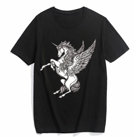 Women's T-shirt Pegasus Graphic Pattern Print Casual Round Neck Graphic Tee Summer Short-sleeved Tops Black Small