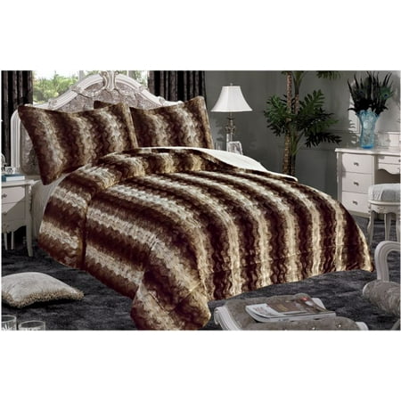 Discharge Queen Size 3-Piece Blanket Soft Sherpa Fur Reversible Heavy Bedding Set Coffee Brown &