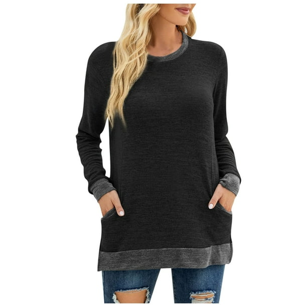 Camisas Para Mujer Cuello Redondo Color A Juego Bolsillo Recreativo Manga Larga Tops Odeerbi ODB129163
