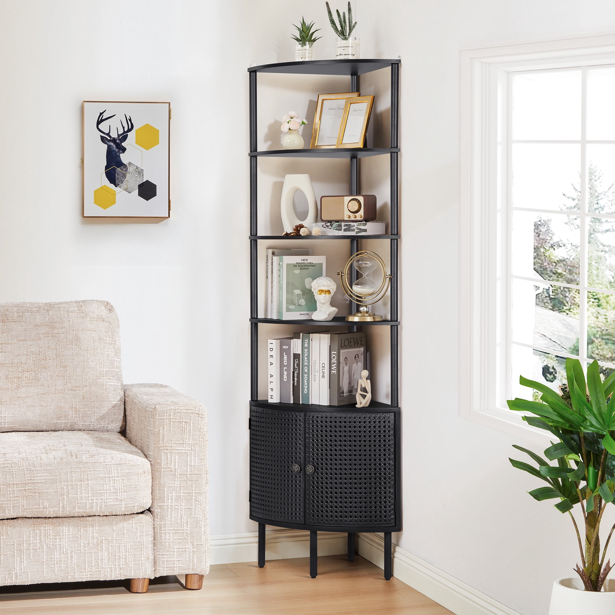 YOCWO 67" Tall Corner Bookshelf with 4-Tier Display Shelves and 2 Door Storage Cabinet, Metal Rattan Door Design, Black
