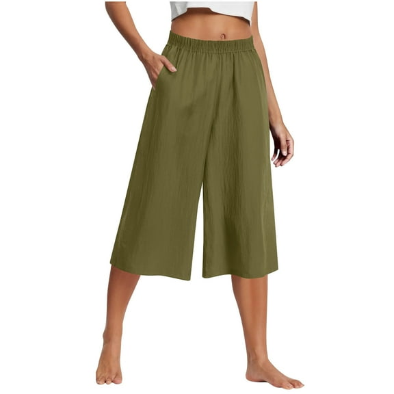 Fengactive Women's Summer Casual Loose Wide Leg Capri Pants Elastic Waist Casual Trousers Capris with Pockets