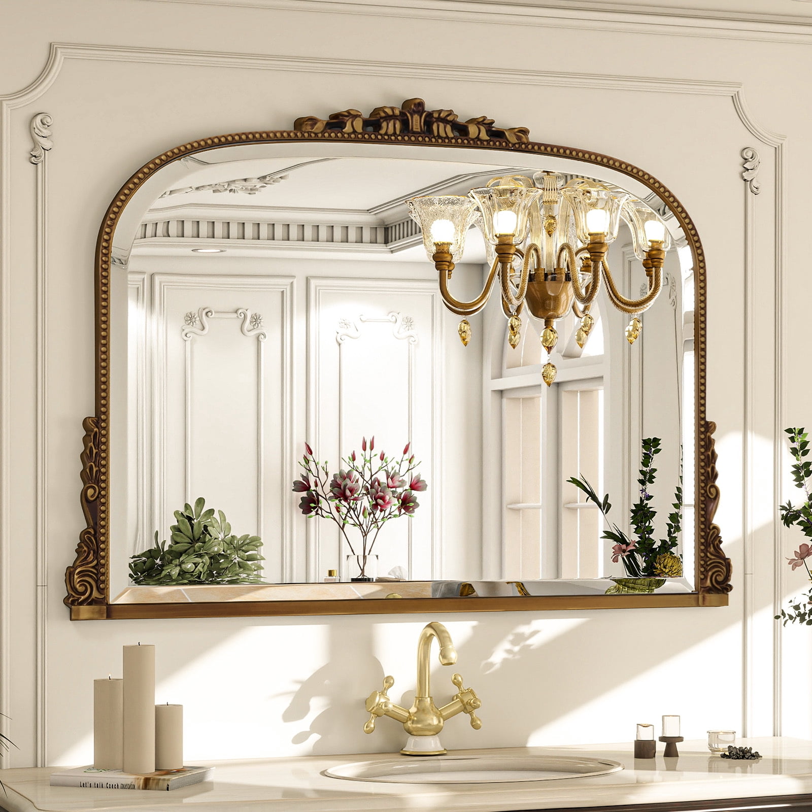 BEAUTYPEAK 36"x27" Vintage Bathroom Mirror Baroque Style Decorative Vanity Mirror Wall Mounted, Antique Gold