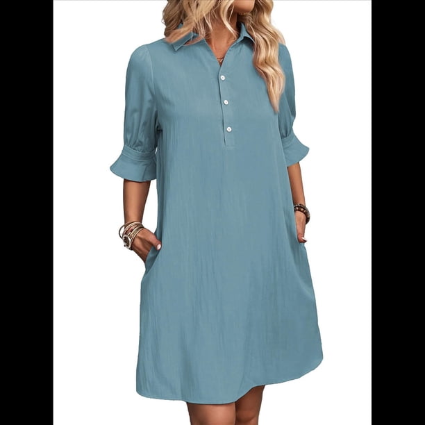 Vestido Camisero Informal para Mujer, con Mangas con Volantes, Botones, Corte Recto, de Verano, con Bolsillos, Gris, Azul, Talla S