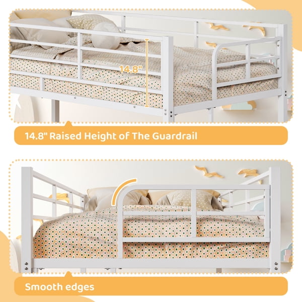 White Twin Bunk Bed Square Tube High Guardrail Side Ladder Opening Iron Bed