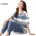 thumbnail image 2 of Conjuntos de dos piezas de manga corta para Mujer, ropa de dormir de punto a rayas, Pijama elegante para el hogar, moda de verano, 2 of 4
