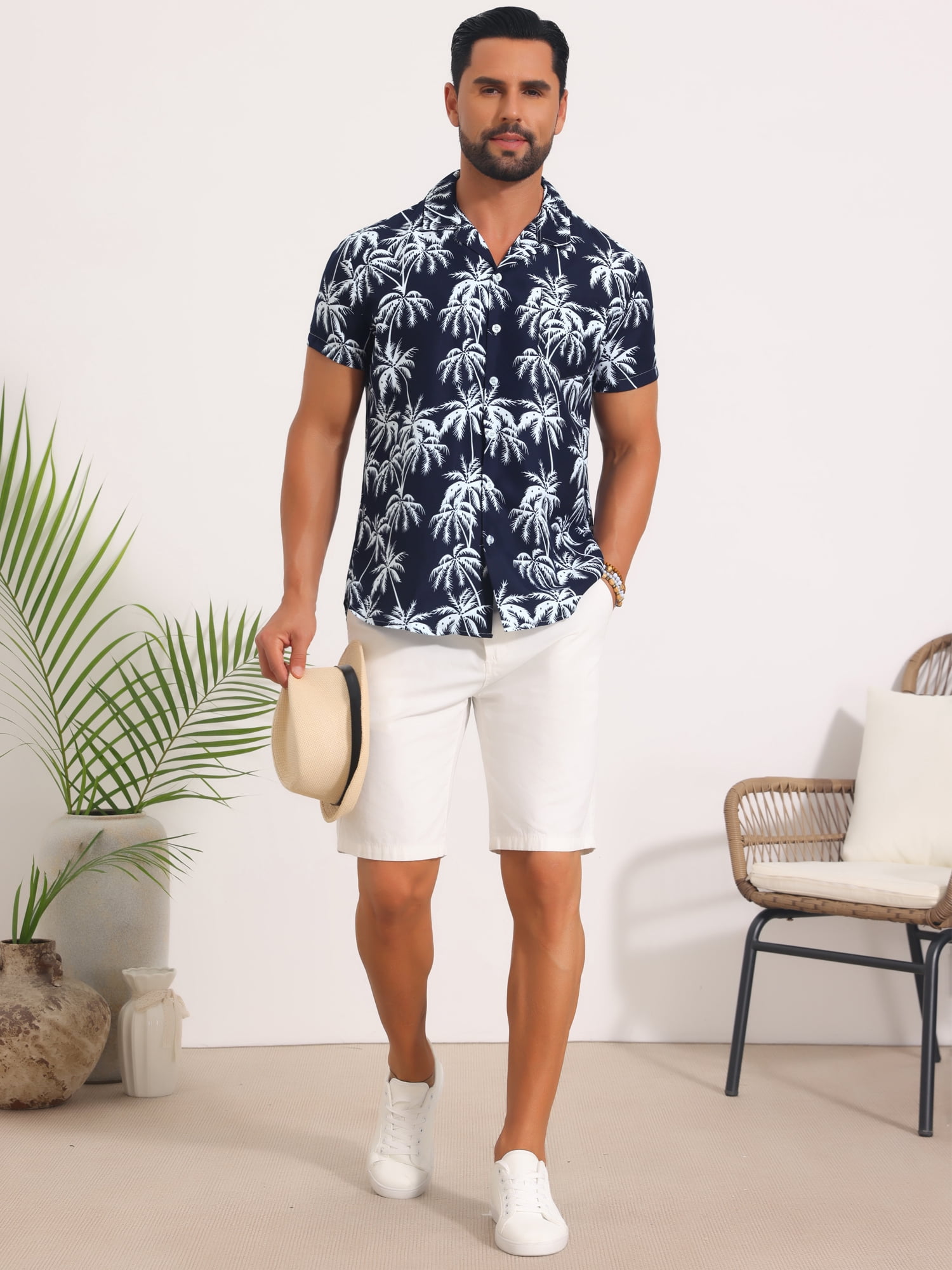 DARING DIVA Men's Short Sleeve Button Down Camp Collar Leaf Print Shirts M Navy Blue