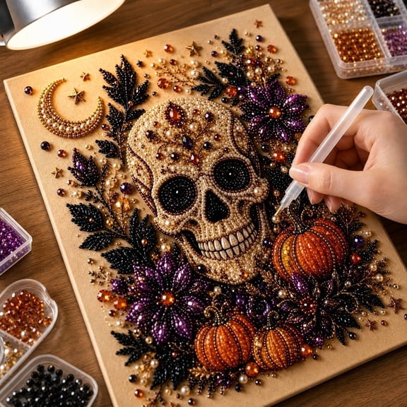 3D Pearl Diamond Art Kit, Spooky Gothic Bead Craft Set, All-Inclusive Beginner Friendly Kit for Hobbyists and DIY Projects (Skull)