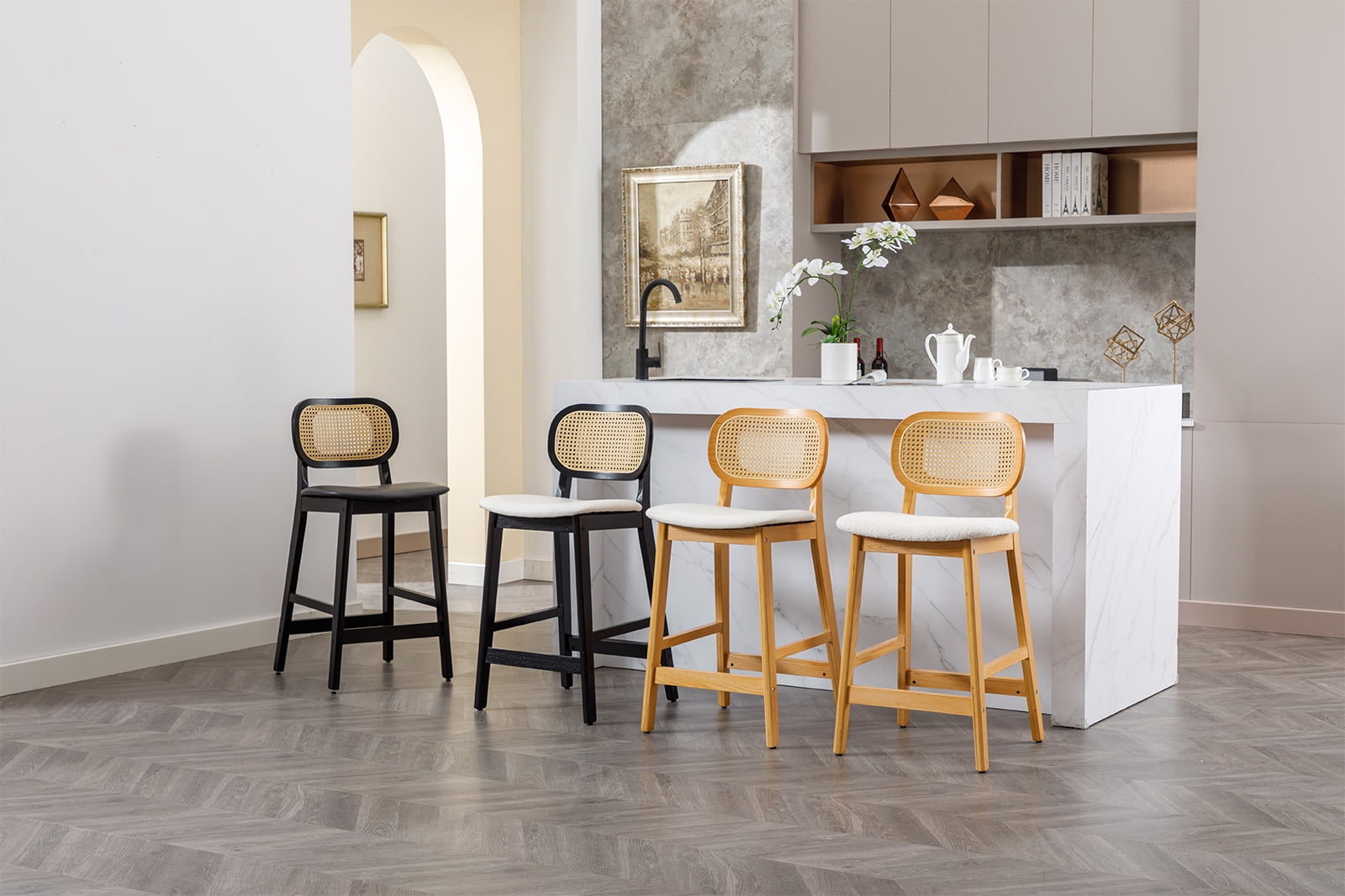 Dayalane Rattan Counter Height Bar Stools Set of 2, 26" Mid Century Modern Wood Farmhouse Barstools with Footrest, PU Upholstered Kitchen Island Chairs for Pub Restaurant, White