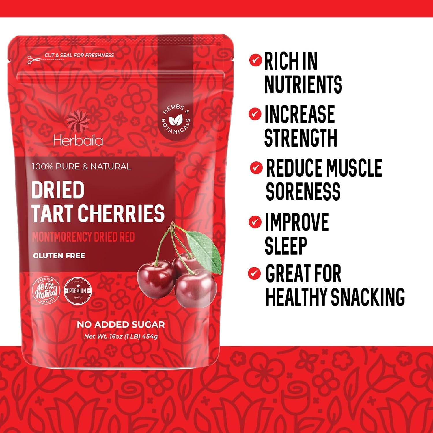 Herbaila Unsweetened Dried Montmorency Tart Cherries, 16 oz – No Added Sugar