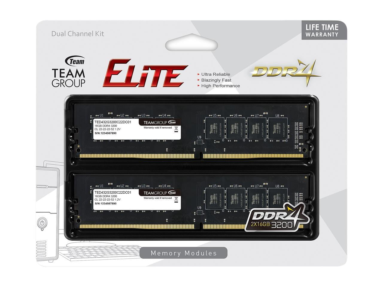 Team Elite 32GB Computer RAM, 288-Pin DDR4 3200 (PC4 25600