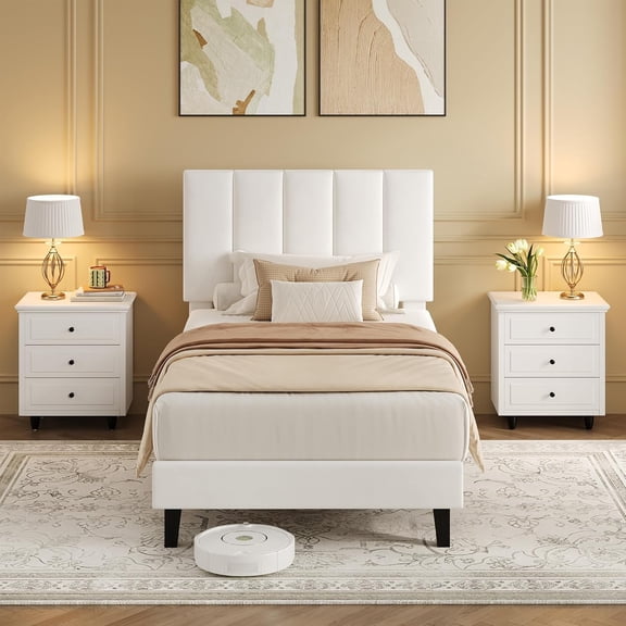 Bed Frame Twin Size with Adjustable Height Vertical Channel Tufted Headboard, Upholstered Platform Bed Frame with Sturdy Wooden Slats Support, Noise Free, White