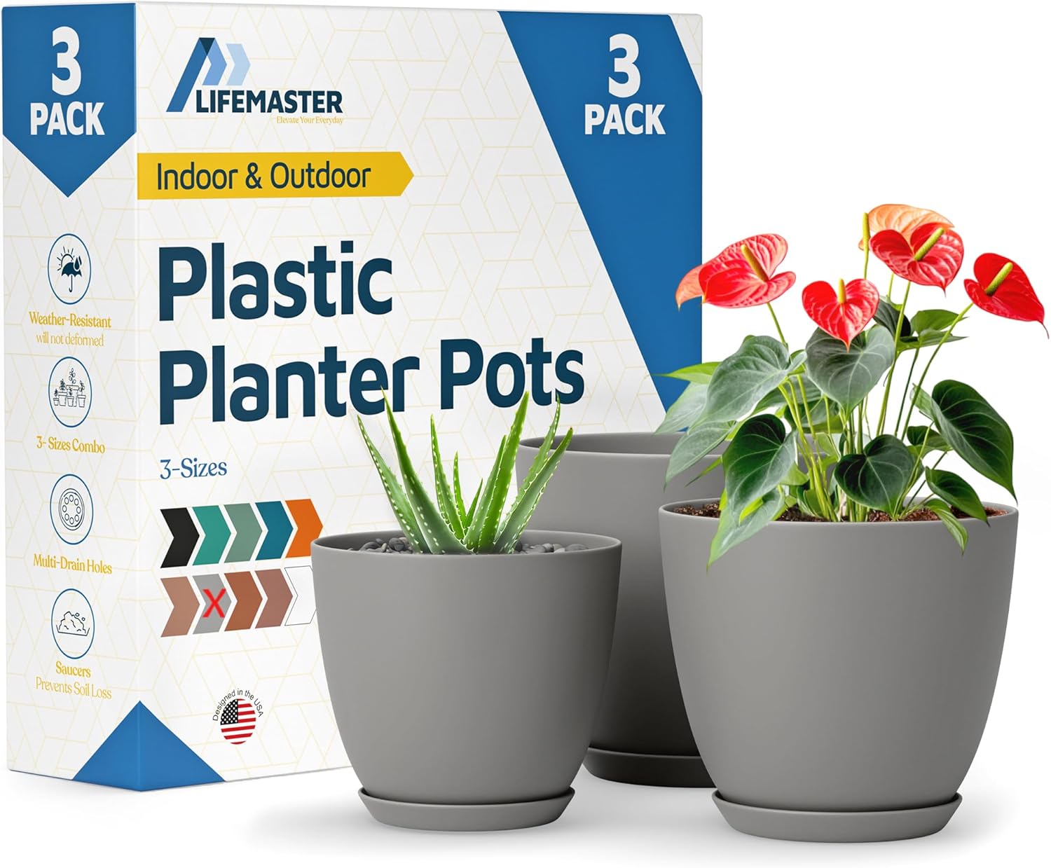 Lifemaster Gray Plant Pots with Drainage, 3 Pack photo 1