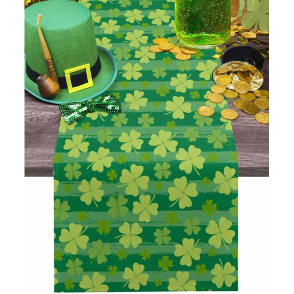 St. Patricks Day Table Runner 13x36 Inches Long Green Lucky Clover Runner for Table Leaves Plant Nature Table Runners Cotton Linen Dresser Scarf for Kitchen Coffee Dining Spring Holiday Party Decor