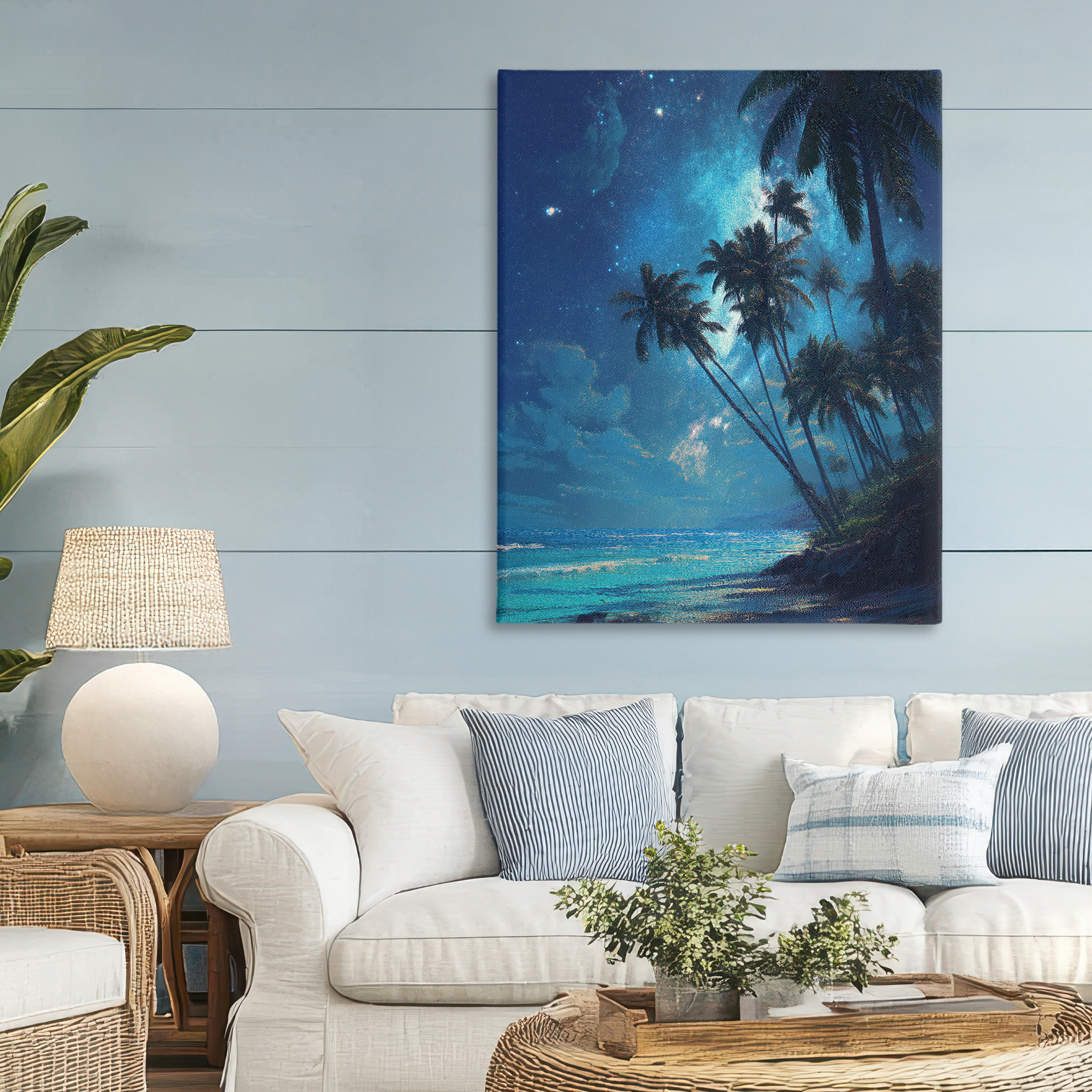 Moonlit Beach Palm Trees Canvas Wall Art, design by Ziwei Li