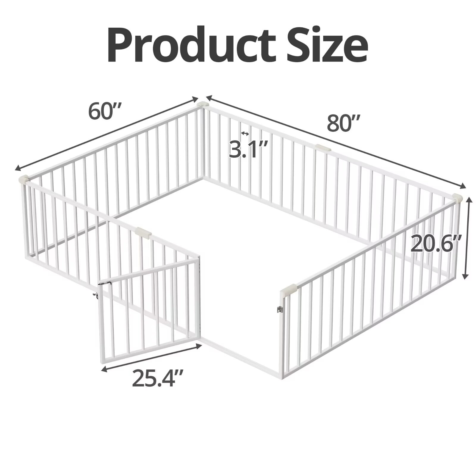 Queen Size Floor Bed, Metal Montessori Floor Bed Frame with 20.6" High Full-Length Fence and Door,No Slats, White