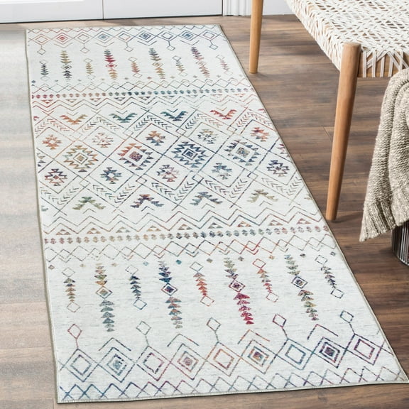 ReaLife Rugs Machine Washable Printed Moroccan Ivory Multi Eco-friendly Recycled Fiber Area Runner Rug (2'6" x 8')