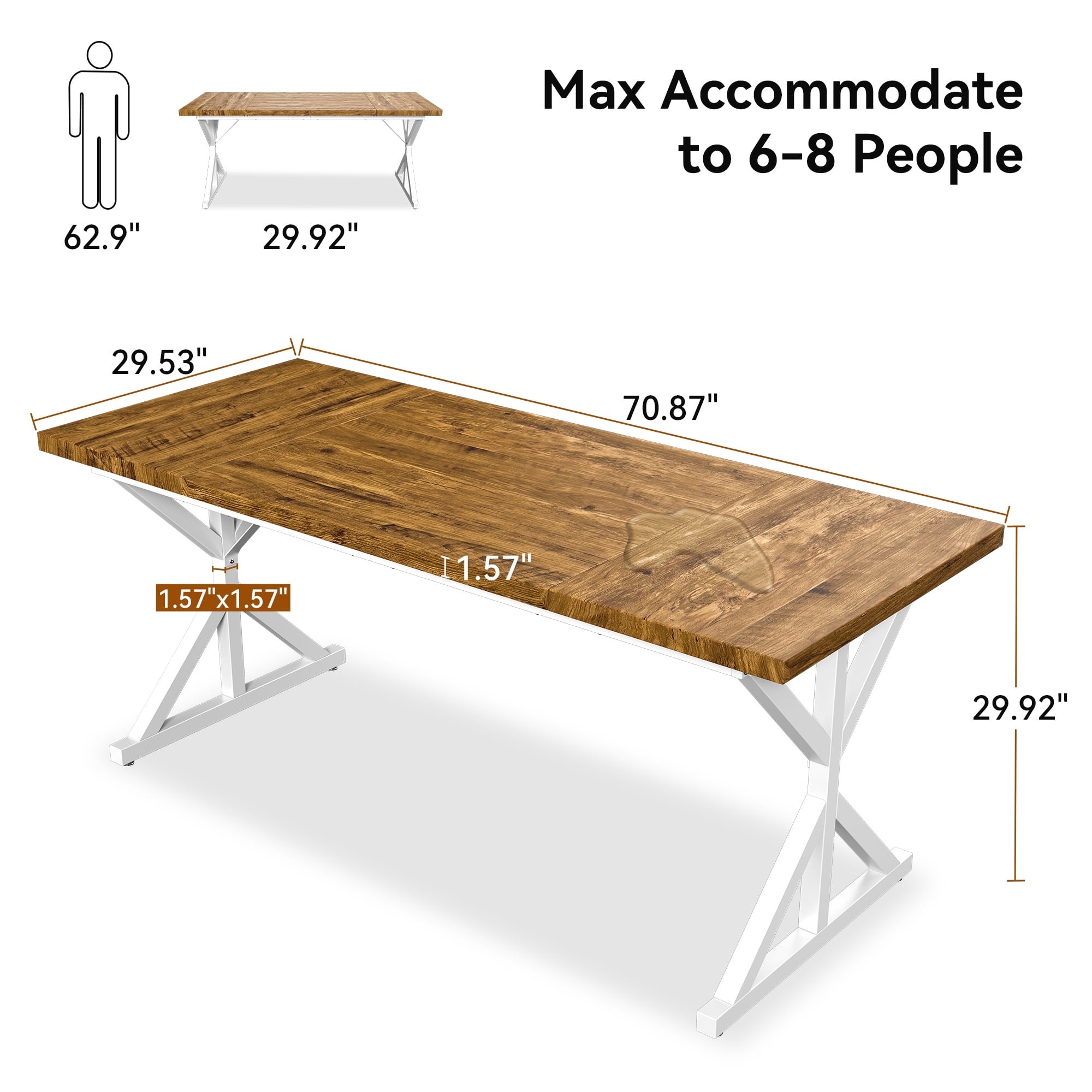 Farmhouse Style Dining Table for 6, 70.8 Inch Rectangular Wooden Dining Table, Rustic Kitchen Dining Table, Extra Heavy Duty Metal Legs for Dining Room
