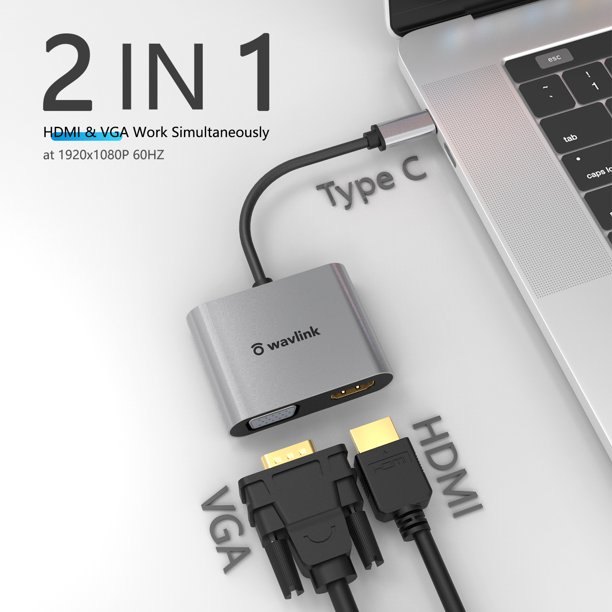Wavlink USB C to HDMI VGA Adapter, Thunderbolt 3 Compatible, Type C to
