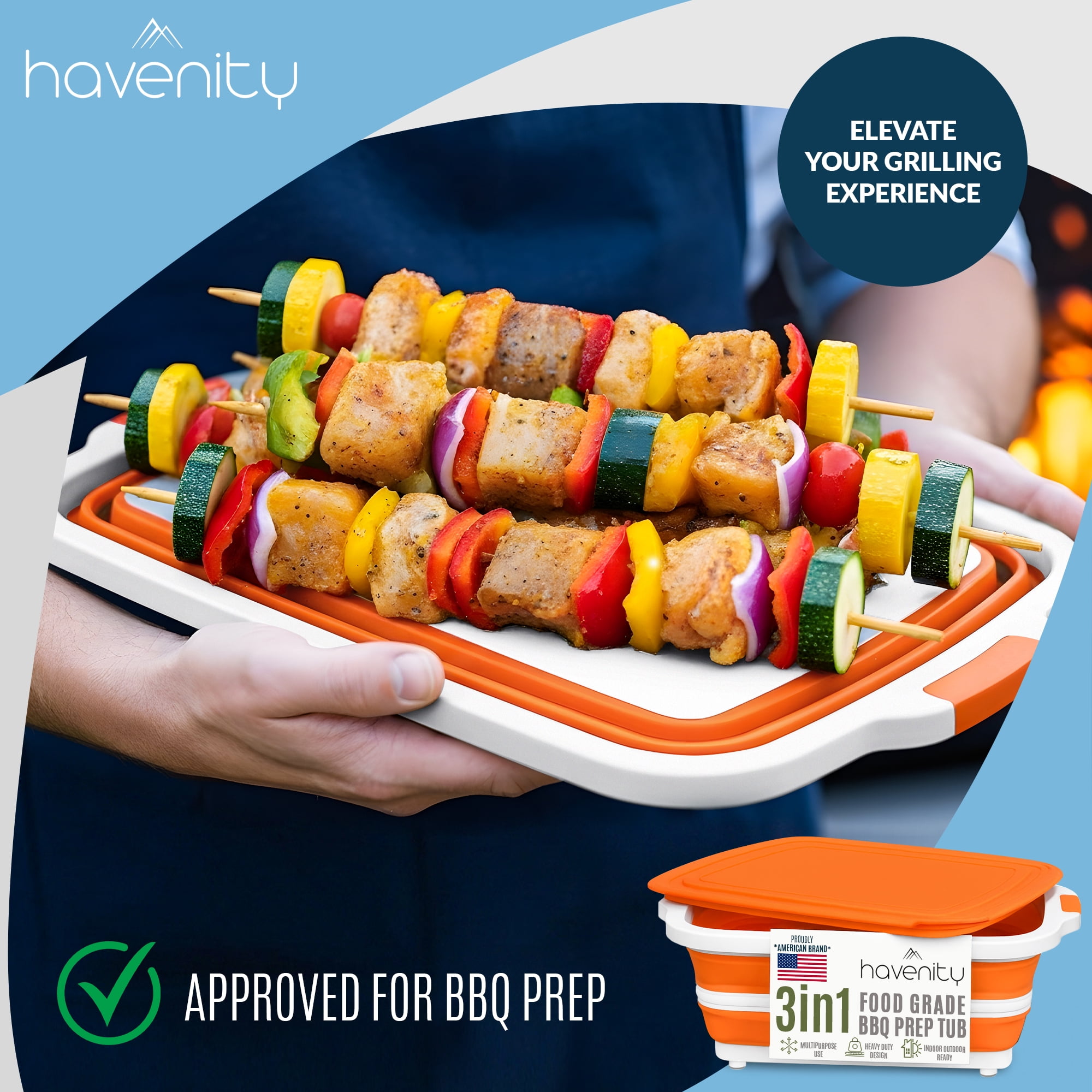 Havenity Bbq Prep Tub 2 Pack Orange (16l+16l) - Multifunctional Collapsible Camping Cutting Board with Lid