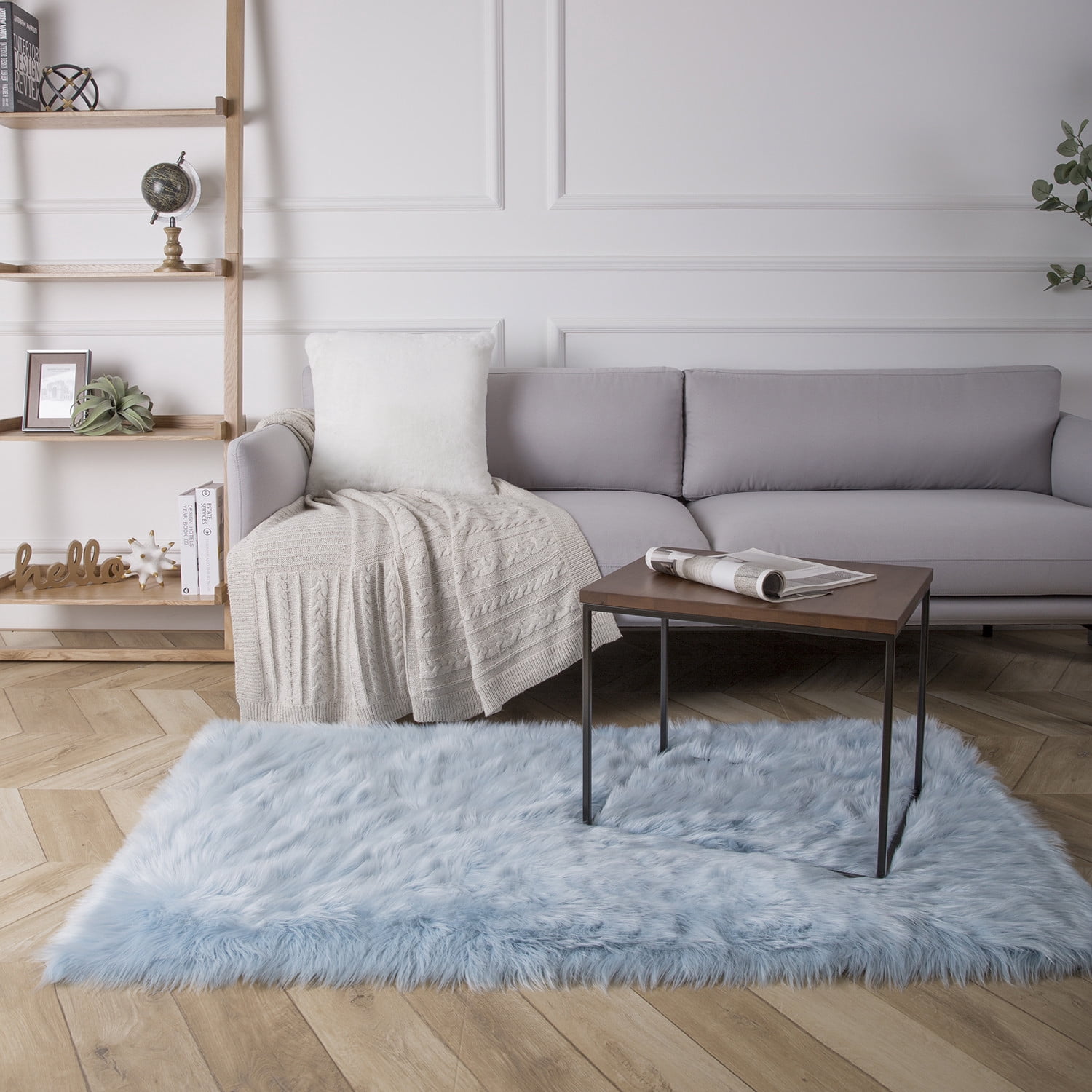 Deluxe Ultra Soft Faux Sheepskin Fur Series Fluffy Decorative Indoor Shag Area Rug, 3 x 5 Feet Rectangle, Light Blue, 1 Pack