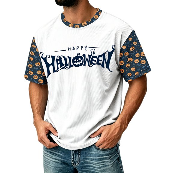 Fabrcox S-4XL Halloween Mens Tshirts Funny Ghost Pumpkin Cat Mens T Shirts Graphic Fall Winter Festival Corduroy Raglan Men's Short-Sleeve Shirt White L