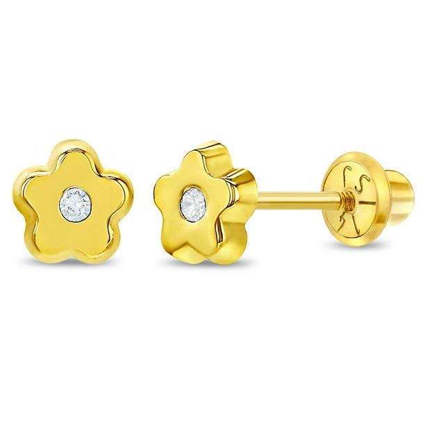 14k Yellow Gold Young Girls 5mm Clear Cubic Zirconia Flower Screw