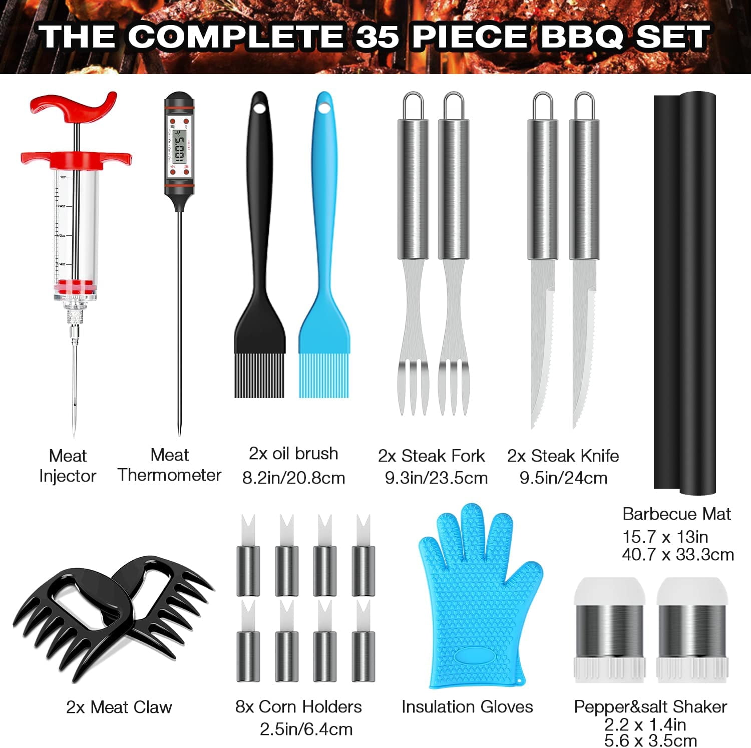 AISITIN  35Pcs BBQ Grill Grilling Accessories Tools Set, Barbecue Tool Sets with Thermometer, Steel Fork, Stainless Steel Tongs  BBQ Accessories for Grill Outdoor