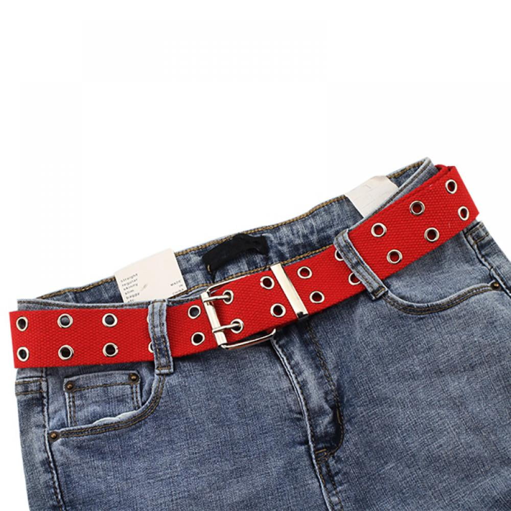 New 100% Cotton Canvas Double Grommet Hole Buckle Belt Men Women Causal Jeans 