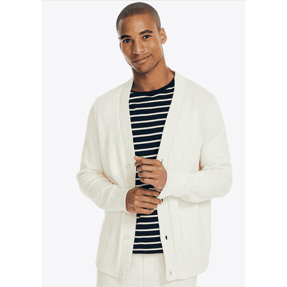 Nautica Men's Textured Anchor Button-Front Long Sleeve Cardigan Sweater - Natural