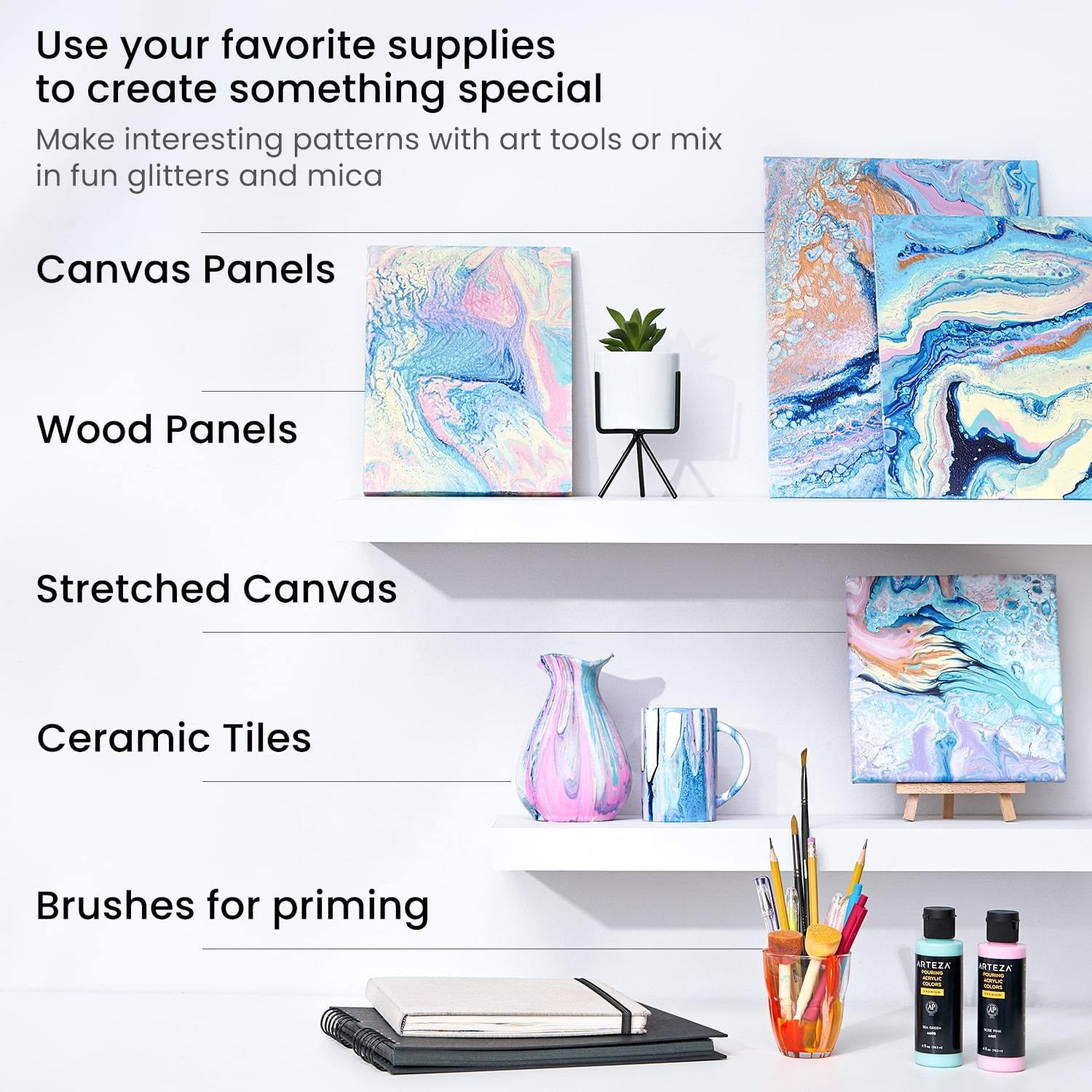 Arteza Acrylic Pouring Paint Kit, 4 oz Bottles Set, Pastel Colors - 8 Pack