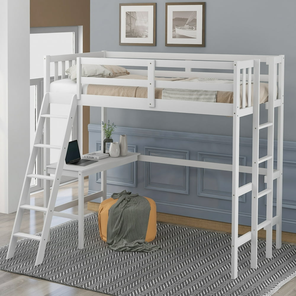 EUROCO Twin High Loft Bed with Desk & Double Ladders for Kids, White