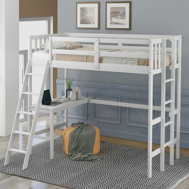 EUROCO Twin High Loft Bed with Desk & Double Ladders for Kids, White