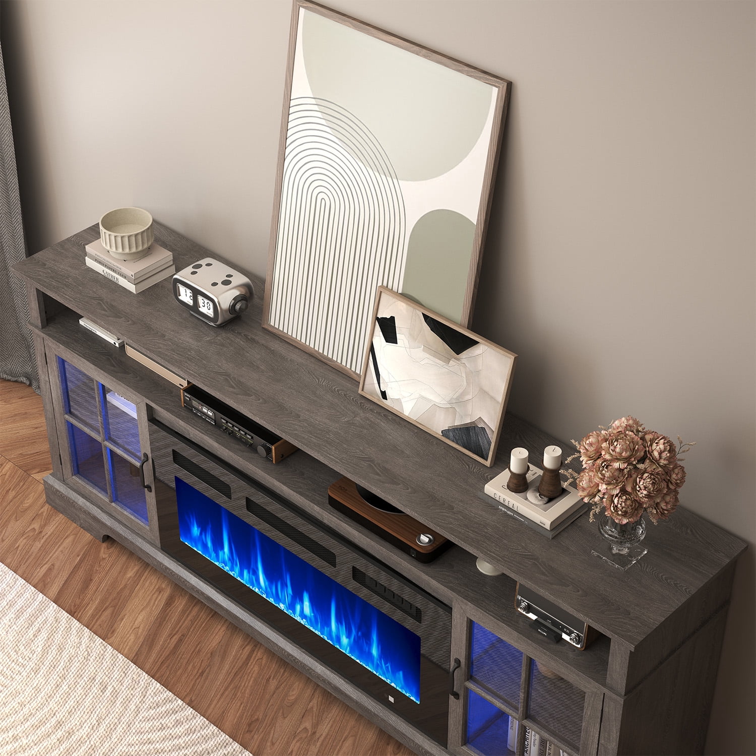 BaPiPro 80" Fireplace TV Stand with 36" Electric Fireplace for TVs up to 90", Entertainment Center with LED Light, Media Console for Living Room, White