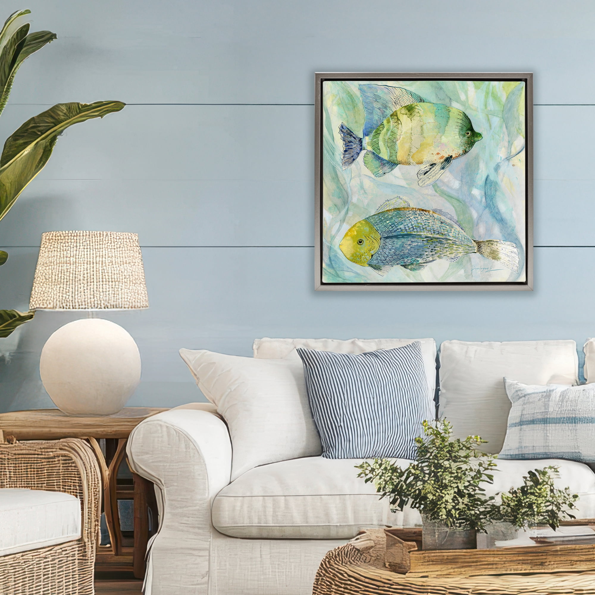 Stupell Industries Sweet Fish Duo Blue Green Gray Framed Floater Canvas Wall Art, design by Lorenzo Collective