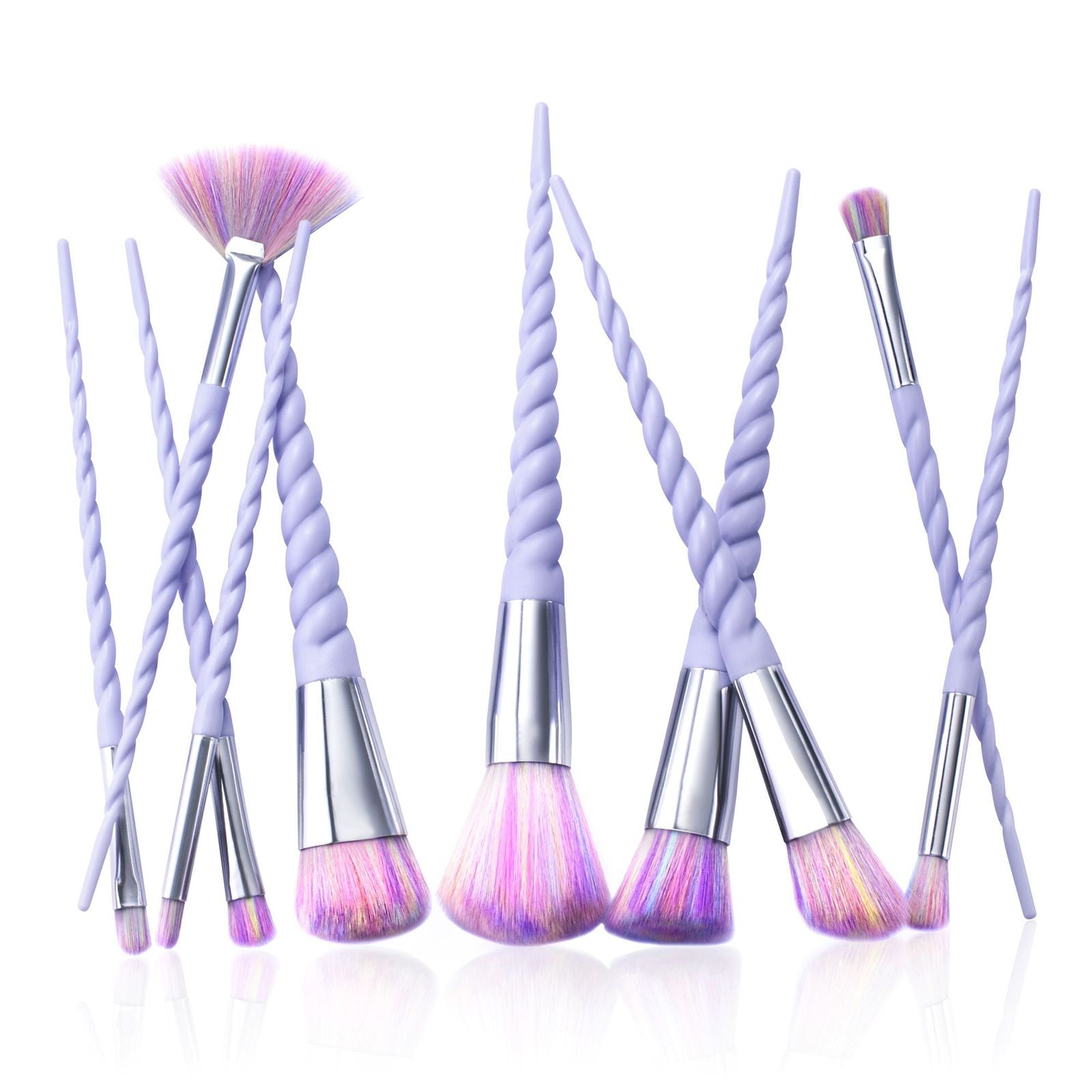 10Pcs Makeup Brush Set by Zodaca Cosmetic Professional Brushes Tools Kit Purple Spiral Handle Unicorn with Raindow Bristles Foundation Blending Blush Eyeshadow Eyeliner Face Powder Concealer