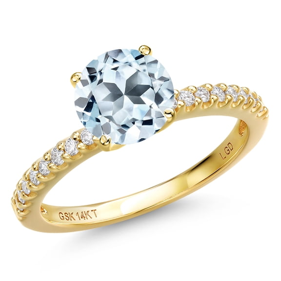 Gem Stone King 14K Yellow Gold Sky Blue Topaz and Lab Grown Diamond Engagement Ring for Women | 2.66 Cttw | Round 8MM | Gemstone November Birthstone | Size 7