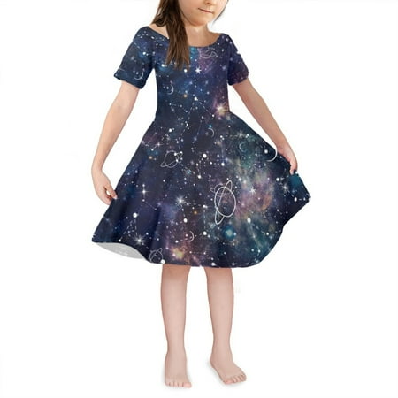 

NETILGEN Cosmic Starry Sky Pattern Teen Girl Dresses for Birthday Party Self Cultivation Round Neck Swing Twirly Dress Fit 3-4 Y