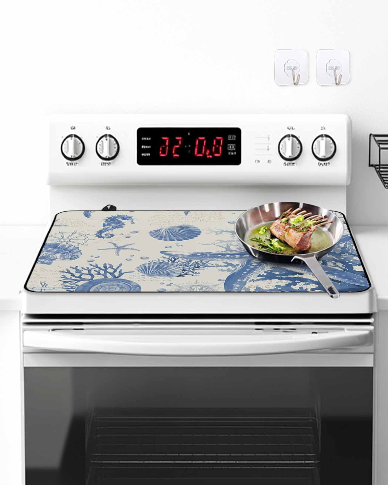 Stove Top Covers for Electric Stove, Blue Coastal Starfish Glass Stovetop Cover Protector, Beach Ocean Nautical Shells Conch Induction Cooktop Protector Oven Mat for Kitchen Countertop 36"x21"