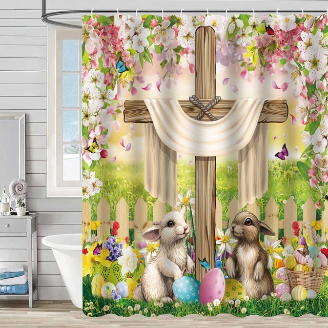 Qocolhg Easter Shower Curtain, Funny Rabbit Spring Flowers Wooded Cross Colorful Easter Egg Bathroom Curtain Waterproof Fabric Machine Washable with Hooks, Easter Decorations Indoor, 72x72 inch