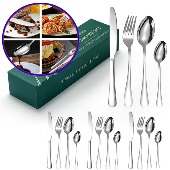 16-Piece Dining Flatware Set, Stainless Steel with Steak Knives, Fork, Spoon, Knife Included, Mirror Finish, Dishwasher Safe Fork Spoon Set