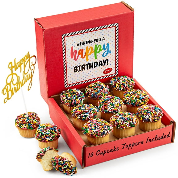 Birthday Gift Basket | Happy Birthday Cupcakes [9 Count] | Individually Wrapped | 10 Cupcake Toppers Included | Birthday Treats for Kids, Men, Women | Kosher, Nut Free | Stern’s Bakery