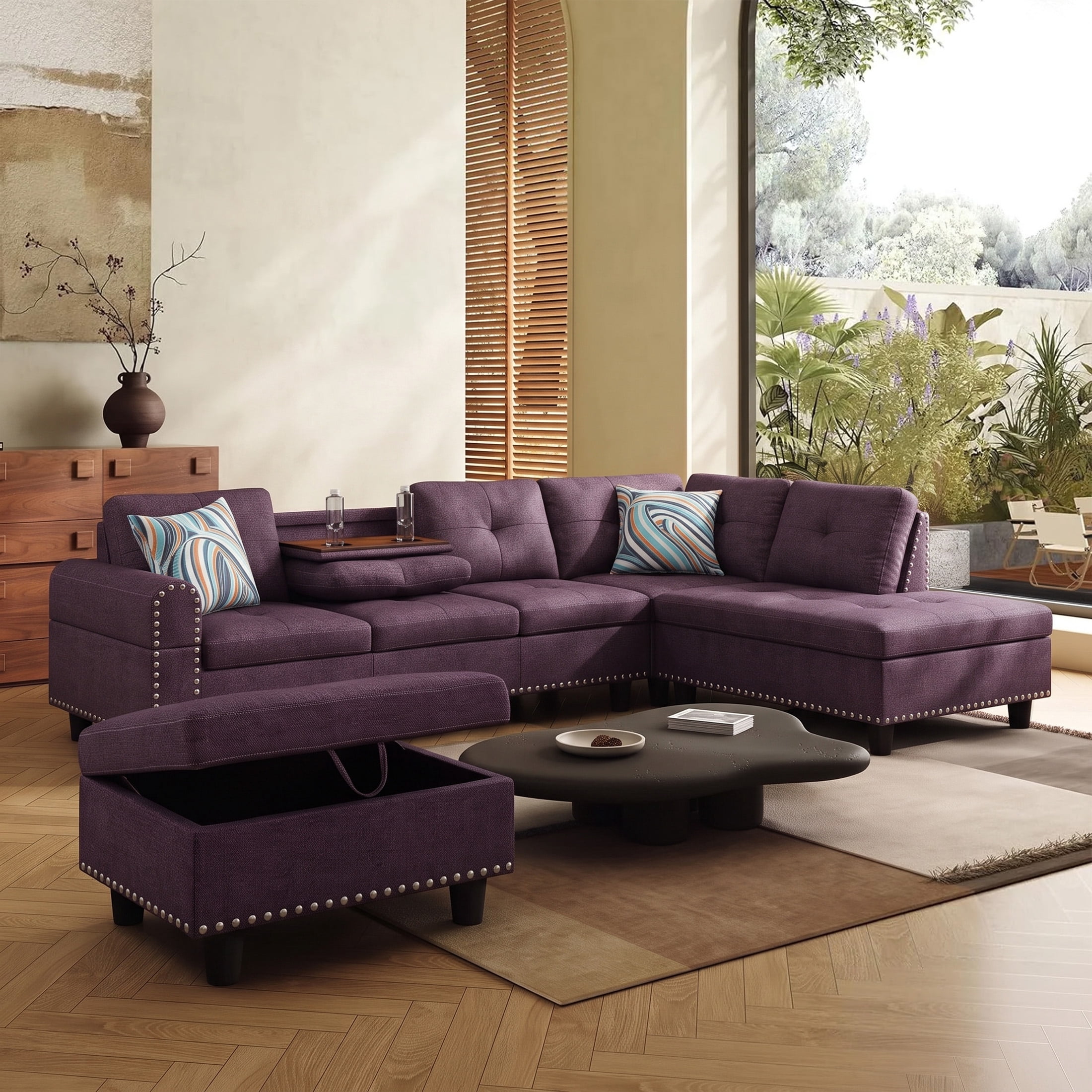 AENKYO 98" L-Shaped Sectional Sofa with Reversible Chaise, Storage Ottoman & Cup Holders, Linen, Purple