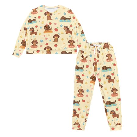 HELLHERO Dachshund Printed Womens Pajama Pants Long Sleeve Sleepwear Crewneck Loungewear Soft 2 Piece Pjs Set 2XL
