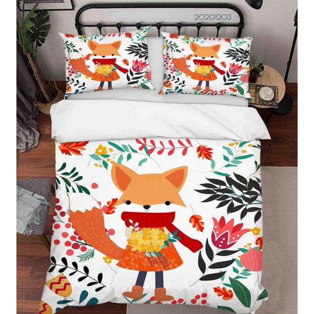 3D de dibujos animados dibujados a mano de colores de plantas florales Fox Animal Colcha Set Ropa de Cama